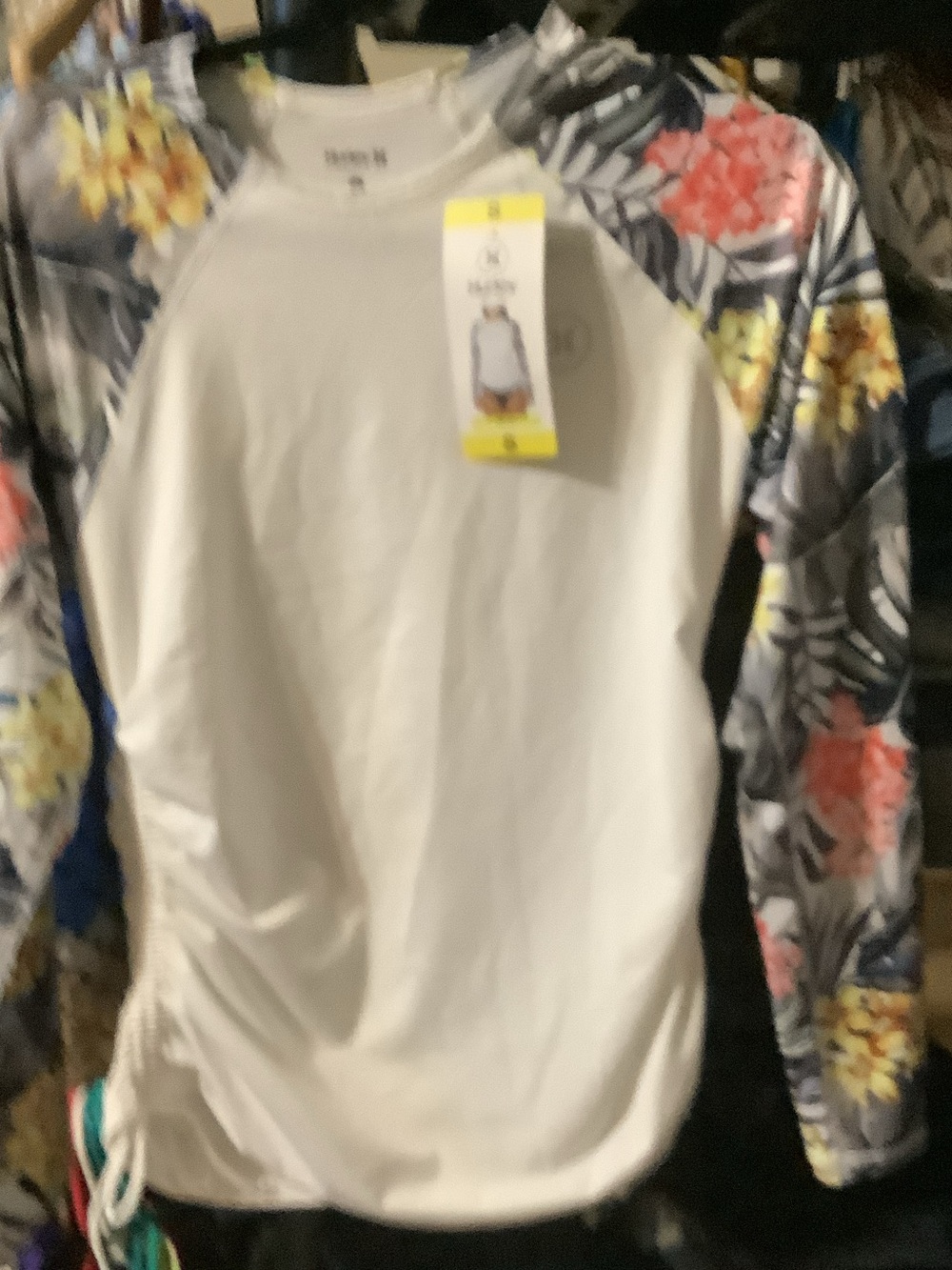 Hurley White UPF 50 coverup with Multicolor Floral Sleeves
